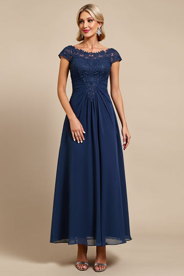 Chiffon Navy Midi Mother of the Bride Dress with Appliques